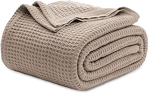 Bedsure 100% Cotton Blankets Queen Size for Bed - Waffle Weave Blankets for Summer, Lightweight and Breathable Soft Woven Blankets for Spring, Tan/Taupe, 90x90 Inches