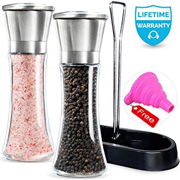 Salt and Pepper mills With Matching Stand- Amison Stainless Steel Salt and Pepper Grinder Mill Set - 5 Grade Precision Adjustable Ceramic Rotor with Free Funnel (2 Pack Pepper Mills)