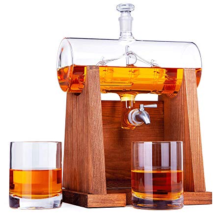 Jillmo Whiskey Decanter Set with 2 Glasses - 1250ml & 42 oz Lead Free Barrel Ship Dispenser with Detachable Wooden Holder Gift for Liquor, Scotch, Bourbon, Whisky, Vodka, Rum & Alcohol