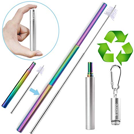 Metal Straws for Drinks,Yizero Rainbow Telescopic Reusable Straws with Case, Cleaning Brush and Keychain, Portable Stainless Steel Straws Drinking Reusable for 30 oz Tumbler (Dishwasher Safe) (Silver)