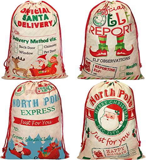 Zonon 4 Pcs Santa Sacks Large Christmas Canvas Bag Christmas Canvas Gift Bag with Drawstring Xmas Canvas Drawstring Sack for Present Package Storage, 27.6 x 19.7 Inch