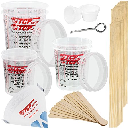 TCP GLOBAL Premium Paint Mixing Essentials Kit. Comes with 12 Mixing Cups, 6 Lids, 12 Wooden 12" Mixing Sticks, 12 Wooden Mini Mixing Paddles, 12 HQ 190 Mesh Paint Strainers & Paint Can Opener.