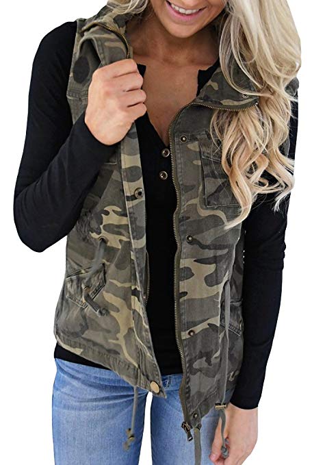 Tutorutor Women's Military Safari Utility Drawstring Lightweight Vest Jacket with Pocket