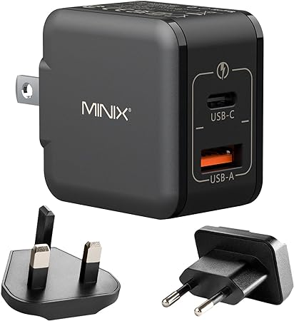 MINIX NEO P1 Mini 33W PPS 2-Port GaN Charger 1 USB-C Port Fast Charger, 1 USB-A Port Quick Charger 3.0. Compatible with iPhone 8-15 Series, Galaxy S10-S21, Pad and More.