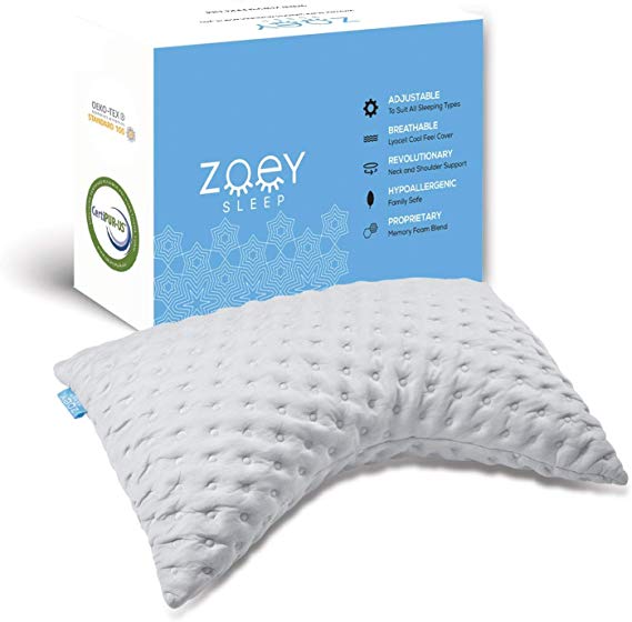 Zoey Sleep Side Sleeper and Back Sleeper Shredded Memory Foam Curved Pillow - 100% Adjustable - Chiropractic Queen Size -19 x 29 Inch - CertiPUR-US/Oeko Certified (Platinum Grey)
