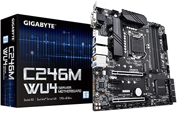 GIGABYTE C246M-WU4 (Intel/C246/Micro ATX/DDR4 Support ECC/2xPCIEx16/Dual Intel Server GbE LAN/8xSATA3/2xM.2/USB 3.1 Type-A/Server Motherboard)