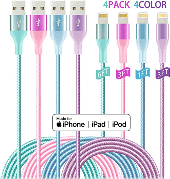 iPhone Charger Lightning Cable 4Pack 4Color Apple MFi Certified Nylon Braided Long Fast USB Cord Compatible for iPhone 11Pro MAX Xs XR X 8 7 6S 6 Plus SE 5S 5C (Pink Purple Blue Green)