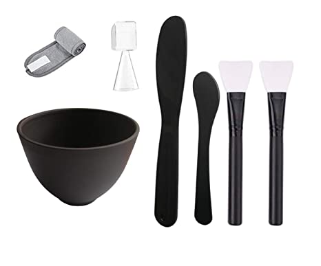 7 IN 1 Black Face Mask Mixing Bowl Set DIY Facemask Care Tool with Silicone Bowl Silicone Mud Mask Brush Applicator Large Stick Spatula Measuring Spoon Mask Gray Headband For Women Girls