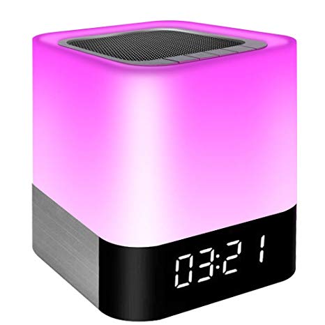 Night Light Bluetooth Speaker, Touch Sensor Bedside Lamps, Wake up Light, Color Changing Dimmable Table Lamp, Digital Alarm Clock Night Light, for Kids and Adult Wireless Speaker with Lights