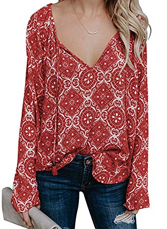 FARYSAYS Women's Casual Boho Floral Print V Neck Long Sleeve Shirts Tops Loose Blouses