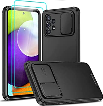 LeYi for Samsung Galaxy A52S/A52 5G/4G Phone Case and 2 Pack Screen Protector, [Camera Protection] Built-in Sliding Camera Lens Cover, Soft TPU  Hard PC Protective Phone Covers for Samsung A52s Black