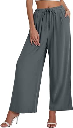 Bloggerlove Womens Linen Palazzo Pants Summer Casual Boho Wide Leg High Waist Lounge Beach Trousers with Pockets