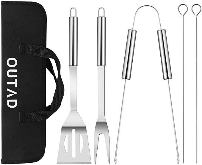 OUTAD BBQ Accessories Tools Set-5 Pcs Includes Stainless Steel Spatula, Tongs, Fork and Grill Skewers, Grilling Accessories Kit for Home BBQ, Camping, Kitchen (5PCS)