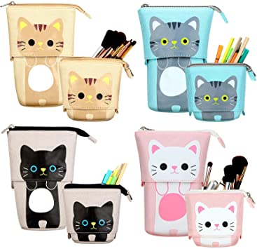 4 Pieces Transformer Stand Store Pencil Holder Canvas PU Cartoon Cute Cat Telescopic Pencil Organizer Makeup Bag Cosmetics Pouch Stationery Pen Case Box with Zipper for Students Boys and Girls