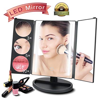 Makeup mirror,Vanity Mirror with 24 LED Lights, 10X/5X/3X Magnifying Led Makeup Mirror with Lights and Touch Screen,Dual Power Supply,180° Adjustable Rotation,Counter top Cosmetic Mirror (Black)