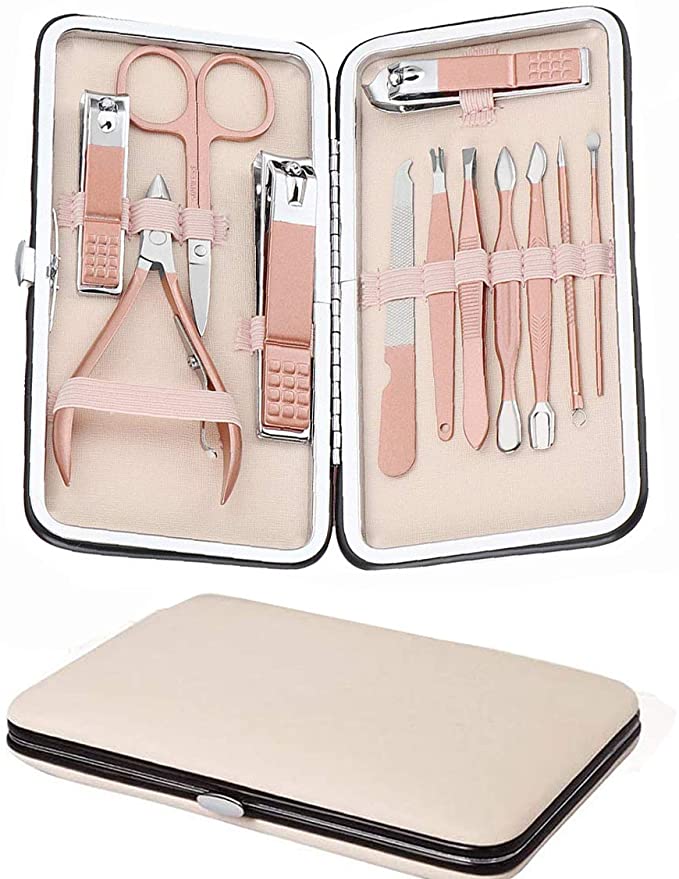 Manicure Set,Pedicure Kit, Nail Clippers,Stainless Steel Professional Pedicure Kit with Luxurious Travel Case (Pink-12 in 1)