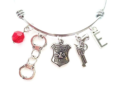 Police officer themed personalized bangle bracelet. Antique silver charms and a genuine Swarovski birthstone colored element.