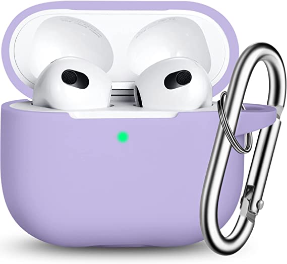 R-fun AirPods 3 Case Cover, Silicone Protective Accessories Skin with Keychain Compatible with Apple AirPod 3rd Generation 2021 for Women Girl,Front LED Visible-Banana Violet