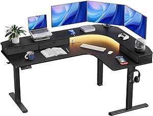 HUANUO 65″ L-Shaped Standing Desk with Power Outlets & LED Strip, Support C-Clamp Mount, Electric Height Adjustable Corner Computer Desk with 3 Drawers, Sit Stand Up Desk with Large Power Strip Holder