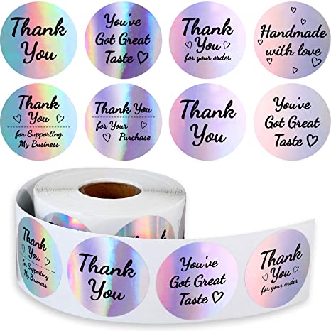 600 Pieces Thank You Business Stickers Roll Thank You Labels Stickers Holographic Stickers Rainbow Holo Stickers (1 Inch)