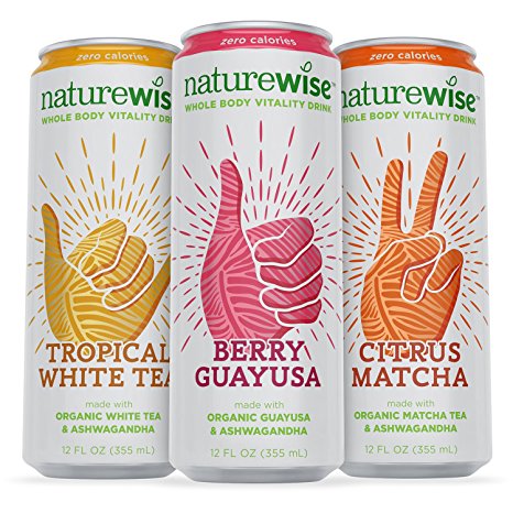 NatureWise Whole Body Vitality Drinks Reduce Stress, Enhance Focus, and Suppress Cravings. Sparkling Organic Tea and Ashwagandha, 0 Sugar, 0 Calories, 3 Count