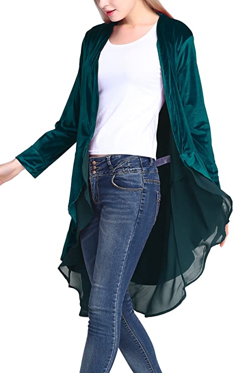 Urban CoCo Women's Long Sleeve Velvet Cardigan Coat with Asymmetric Chiffon Hem