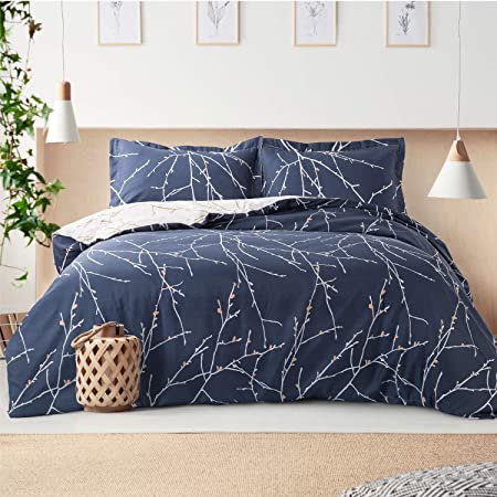 Bedsure Duvet Cover Set King Size - Navy & Ivory Branch Pattern 3 pcs with Zipper Closure 230x220cm with 2 Pillow covers 50x75cm Ultra Soft Hypoallergenic Microfiber Quilt Cover Sets