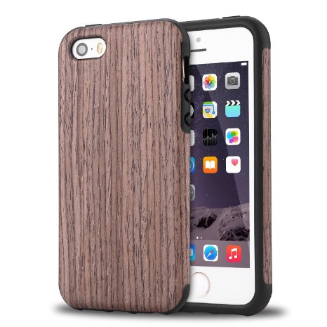 iPhone SE Case, Tendlin Premium Natural Wood [Drop Proof] Flexible TPU Hybrid [Shock Absorbent] Slim Soft Bumper Wooden Case for iPhone SE and iPhone 5S / 5 (Black Rose)