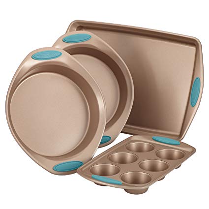 Rachael Ray Cucina Nonstick Bakeware 4-Piece Set, Latte Brown with Agave Blue Handle Grips