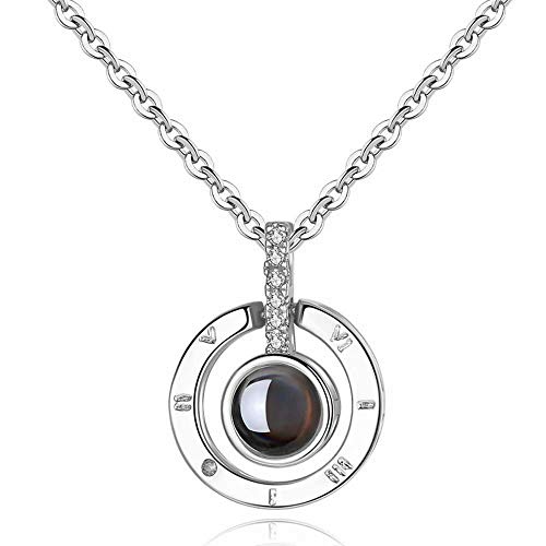 Inf-way I Love You Necklace, 925 Sterling Silver 100 Languages Projection on Round Onyx Pendant Loving Memory Collarbone Necklace 1 Pcs