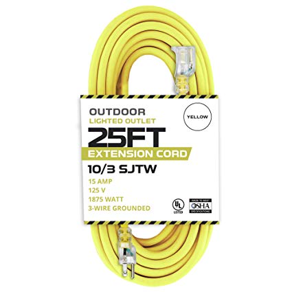 25 Foot Lighted Outdoor Extension Cord - 10/3 SJTW Yellow 10 Gauge Extension Cable with 3 Prong Grounded Plug for Safety - Great for Garden and Major Appliances