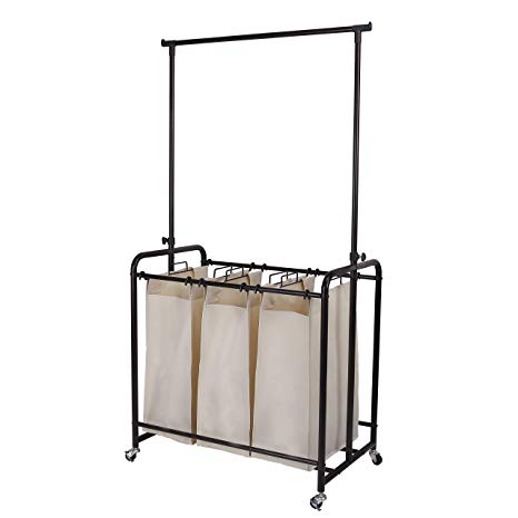 Mythinglogic Rolling Laundry Sorter with 3 Bags Heavy-Duty Laundry Hamper Laundry Cart with Adjustable Hanging Bar, Oil Rubbed Bronze