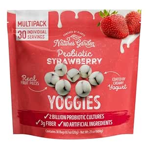 Nature Garden Probiotic Strawberry Yoggies, 21oz (30 x 0.7oz), Yoggie Bites Strawberry Strawberry Yogurt Covered Snack Pack, High Fiber, Delicious Real Fruit Pieces, No Artificial Ingredients, Healthy Snack for Adults