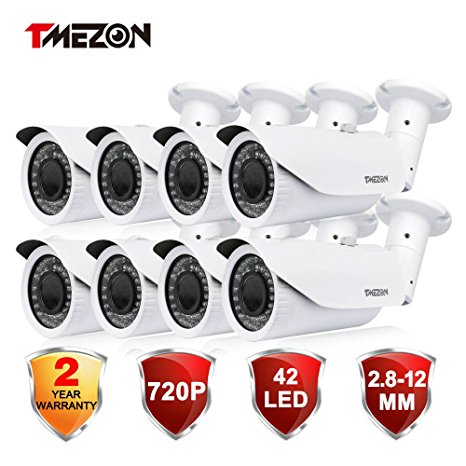TMEZON 8 Pack HD-CVI 1.0MP Dome Security Camera 720P Outdoor 42 IR LEDs Day Night 2.8-12MM Zoom Lens Wide Angle View Video Surveillance