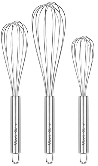 Stainless Steel Whisk Set - Wire Whisk - Balloon Whisk Set - Egg Frother, Milk & Egg Beater - Kitchen Utensils for Blending, Whisking, Beating & Stirring - Set of 3 - by Utopia Kitchen