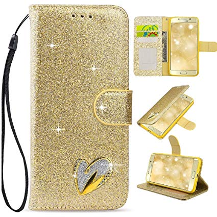 for Samsung Galaxy A5 2017 Case, LAPOPNUT Luxury 3D Bling Diamond PU Leather Flip Case Cute Rhinestone Jewellery 3D Love Heart Card Slot Glitter Wallet Folio Case Magnetic Stand Cover with Wrist Strap for Girls for Galaxy A5 2017, Gold