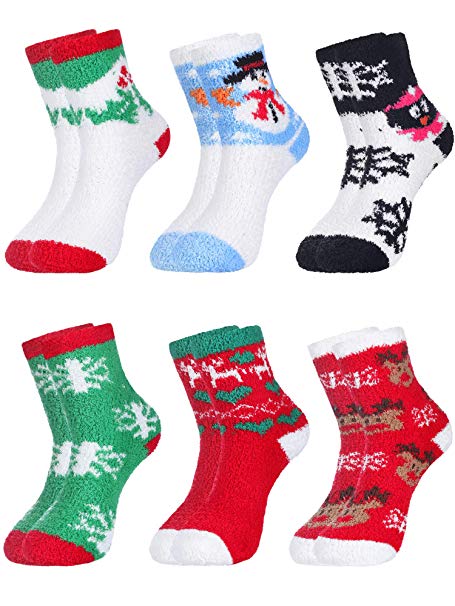 6 Pair Christmas Fuzzy Slipper Socks Winter Cute Fluffy Crew Socks Thick Warm Holiday Socks for Women