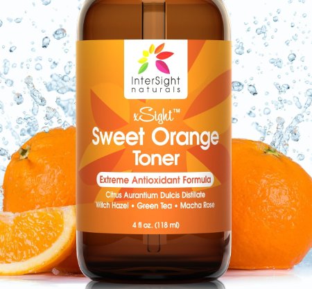 InterSight Sweet Orange Skin Toner for Face - HUGE 4 Oz - 1 Natural Antioxidant Facial Toner with Citrus Aurantium Dulcis Distillate Aloe Green Tea Macha Rose - Organic Exfoliant