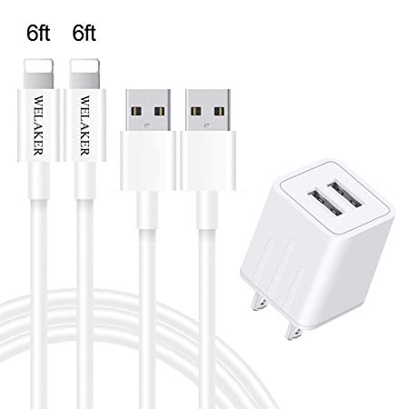 iPhone Charger WELAKER 2Pack 6ft lightning Cable iPad cord High Speed Data Sync Fast Transfer Wall Charger 2 Port Adapter Charging Plug(ETL Listed) Compatible With iPhone XS MAX/XR/X/8/7/Plus/6S/6/SE