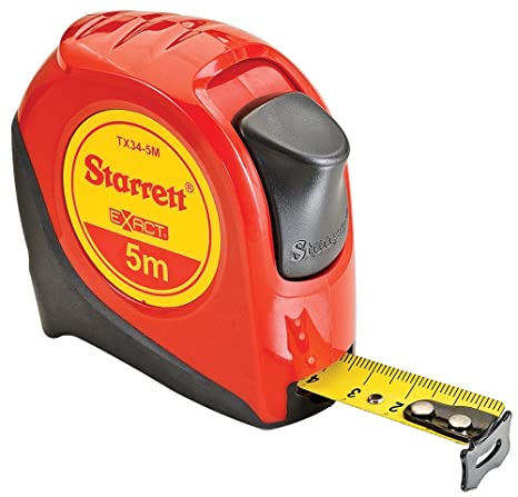 Starrett Exact KTX34-5M-N ABS Plastic Case Red Measuring Pocket Tape, Metric Graduation Style, 5m Length, 19mm Width, 1mm Graduation Interval