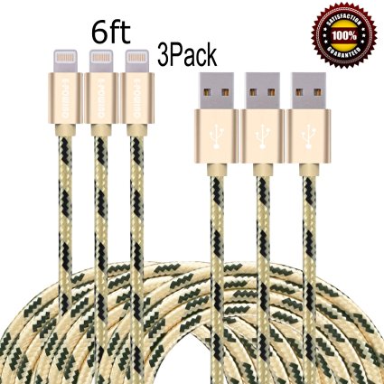 E-POWIND 3PCS 6FT 8Pin Lightning Cable Nylon Braided Extremely Extra Long Charging Cable USB Cord for iphone 6s, 6s plus, 6plus, 6,SE,5s 5c 5,iPad Mini, Air,iPad5,iPod on iOS9.(gold black).