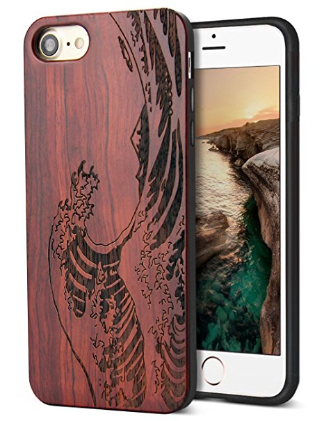 Cool iPhone 7 Case,iPhone 8 Case,Real Unique Wood Carving Wave Design with Silicone Dual layer Hybrid Protective Case for iPhone 7/ iPhone 8