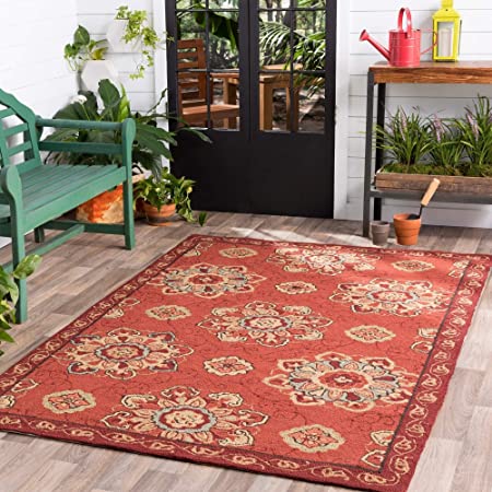 MISC Hand-Hooked Indoor/Outdoor Medallion Area Rug - 5' X 8'/Surplus Red Floral Botanical Transitional Rectangle Polypropylene Synthetic Contains Latex Handmade