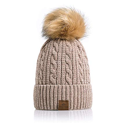 PAGE ONE Women Winter Pom Pom Beanie Hats Warm Fleece Lined,Chunky Trendy Cute Chenille Knit Twist Cap