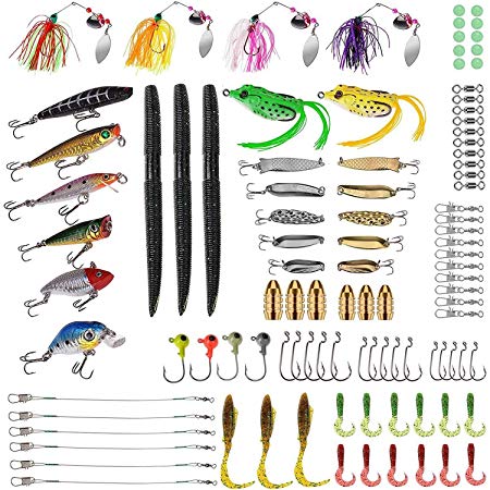 PLUSINNO Fishing Lures Baits Tackle including Crankbaits, Spinnerbaits, Plastic worms, Jigs, Topwater Lures, Tackle Box and More Fishing Gear Lures Kit Set, 102Pcs Fishing Lure