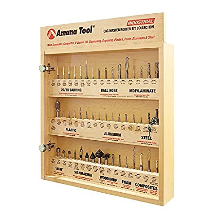 Amana Tool AMS-CNC-58 CNC Master Router Bit Collection Includes 58 SKU's and Plywood Veener Cabinet