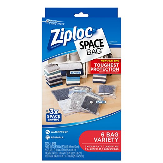 Ziploc Space Bag, Variety Pack, 6 Count (Flat Bag: 2 Medium, 2 Large,1 XL; 1 Space Cube)