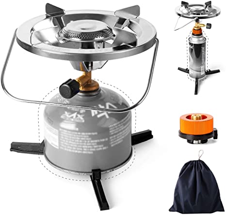 Odoland Camping Stove with Fuel Can Stabilizer, Portable Bottle Top Gas Stove with Adjustable Burner, Perfect for Backpacking, Camping, Fishing and Outdoor Cooking