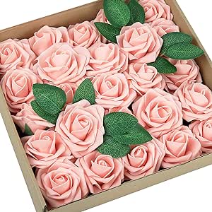 Greenco Set of 25 Artificial Roses in Stem Realistic Looking Faux Flowers in Gift Box for Weddings, Parties, Floral Arrangements, Centerpieces and Gifts – Pink