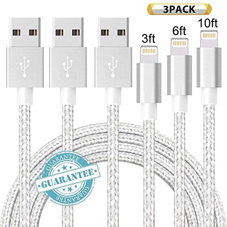 DANTENG iPhone Cable 3 Pack 3FT, 6FT, 10FT, Nylon Braid Cord Lightning Cable Certified to USB Cable Cord Charger for iPhone X, 8 , 8, 7 , 7, SE, 5, 5s, 6s, 6, 6 Plus, iPad Air, Mini, iPod(SilverGrey)